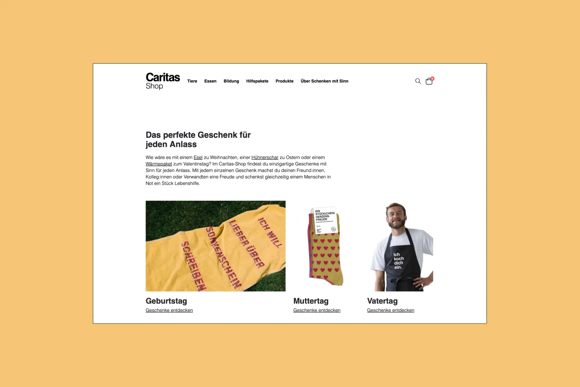 Bildschirmaufnahme des Caritas-Onlineshops – umgesetzt von i-kiu.