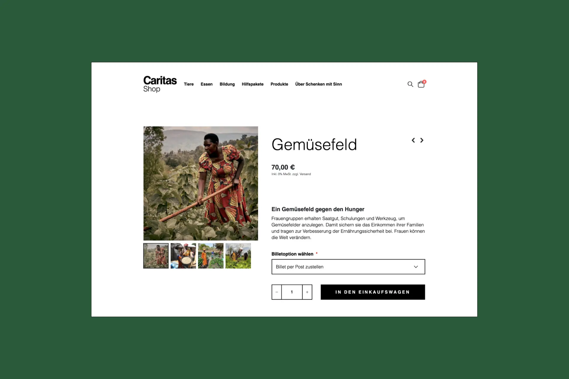 Bildschirmaufnahme des Caritas-Onlineshops – umgesetzt von i-kiu.