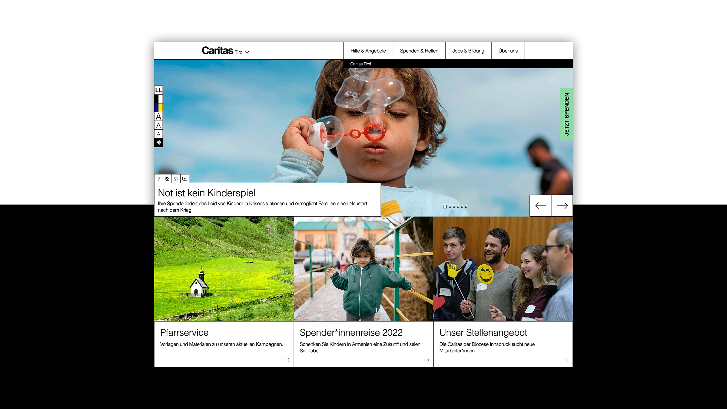 Bildschirmaufnahme der Caritas-Website – umgesetzt von i-kiu.