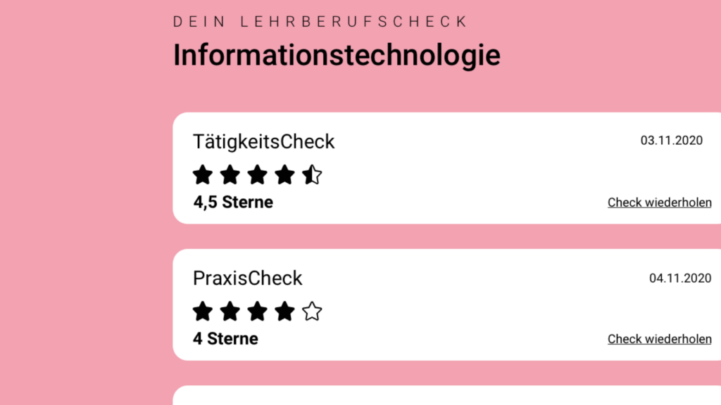 Bildschirmaufnahme des LehrberufsChecks – umgesetzt von i-kiu.