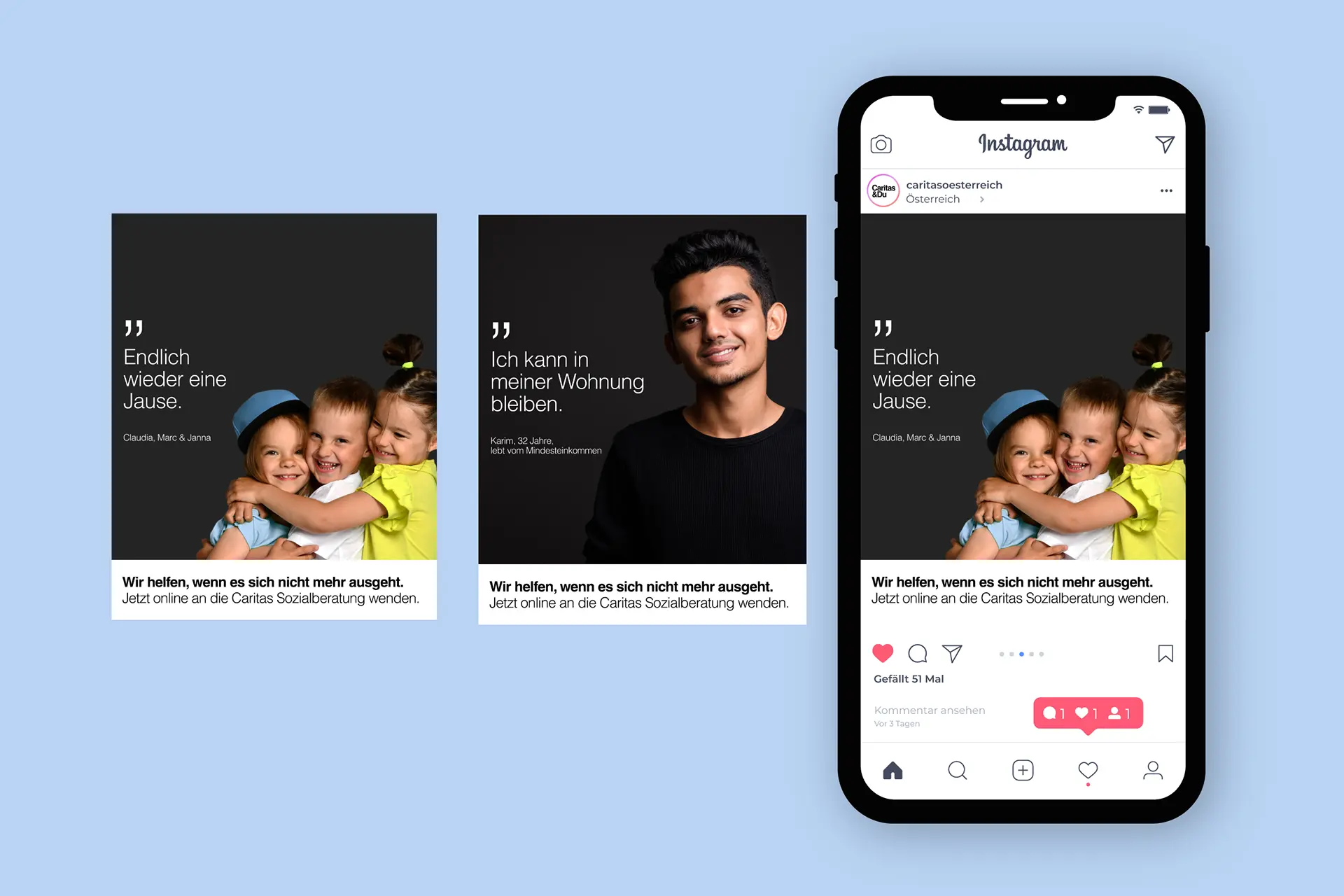 Social Media Ads aus der Kampagne für die Online Sozialberatung der Caritas – umgesetzt von i-kiu.