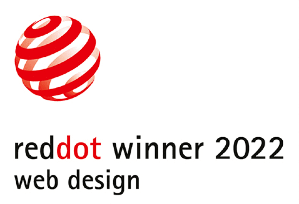 Logo des reddot Design Awards 2022, verliehen an i-kiu für das Webdesign der Caritas-Website.